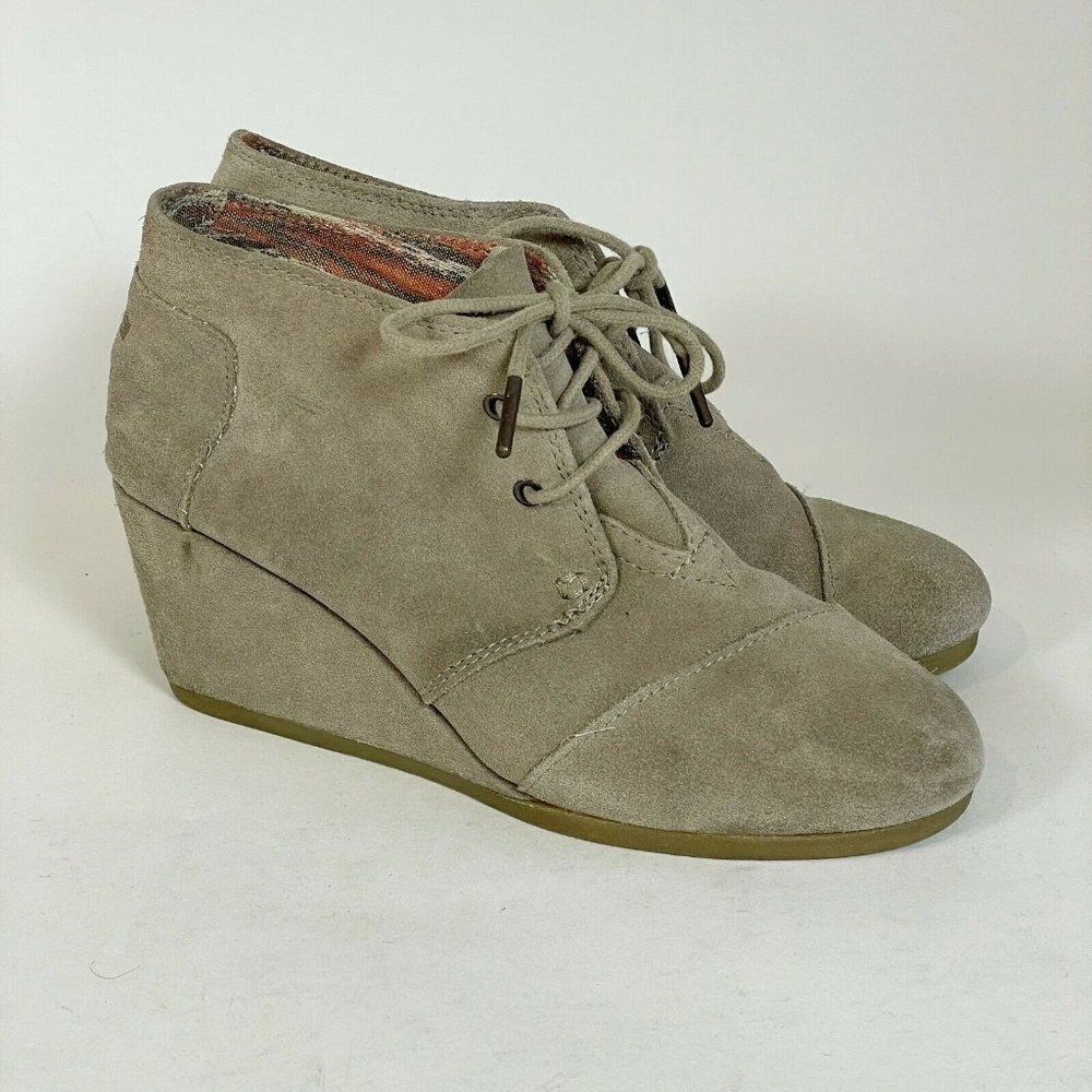 TOMS Womens Lace Up‎ Desert Wedge Bootie Heels Taupe Sz 8 Suede Leather 300615